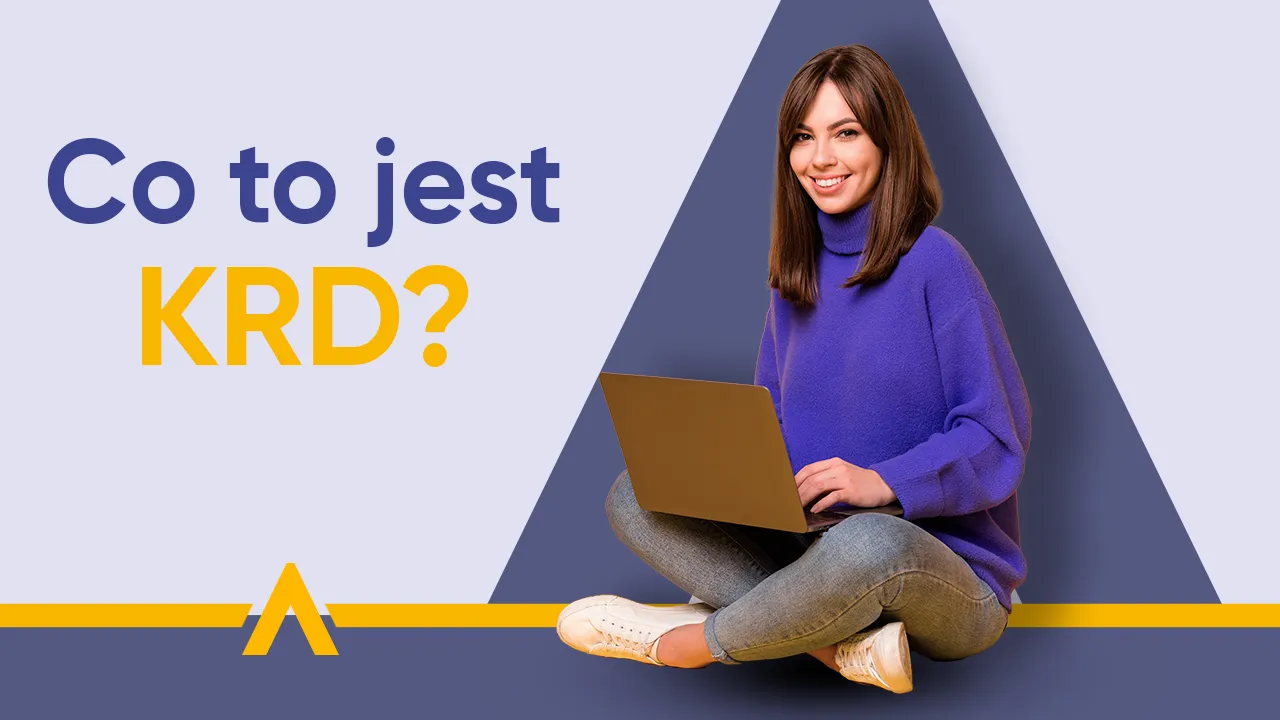 Uśmiechnięta kobieta z laptopem siedząca obok napisu "Co to jest KRD?"